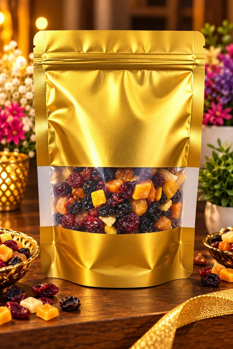 Gold stand-up pouch of mixed dried berries and fruit pieces