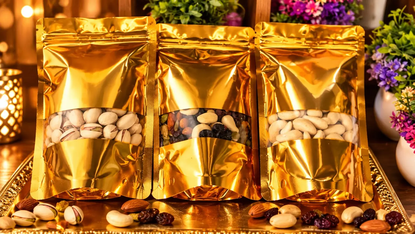 Gold pouches of pista, mixed dry fruits and kaju lined up on an ornate gold tray