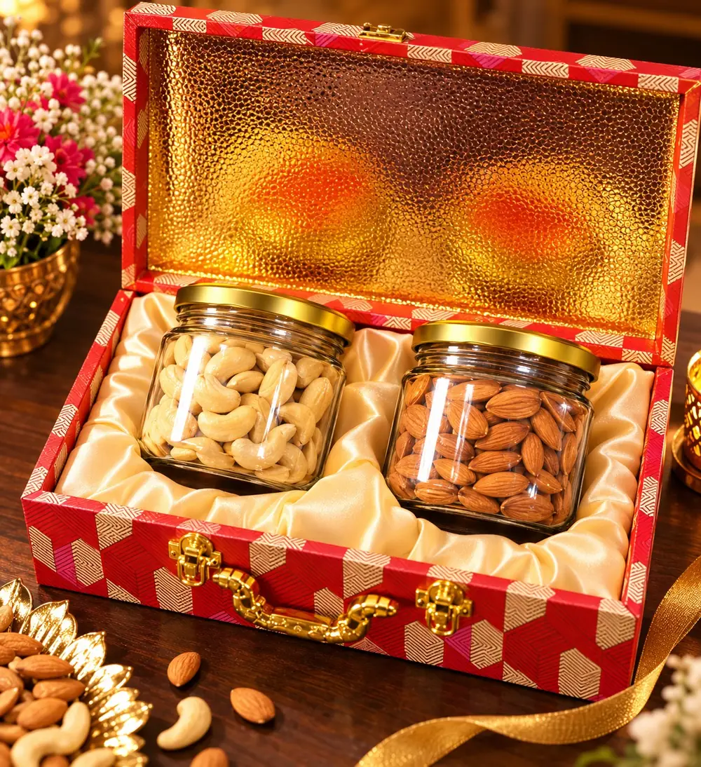 Kaju Badam Duo: two gold-lidded glass jars of kaju and badam in a red patterned gift box with gold latches