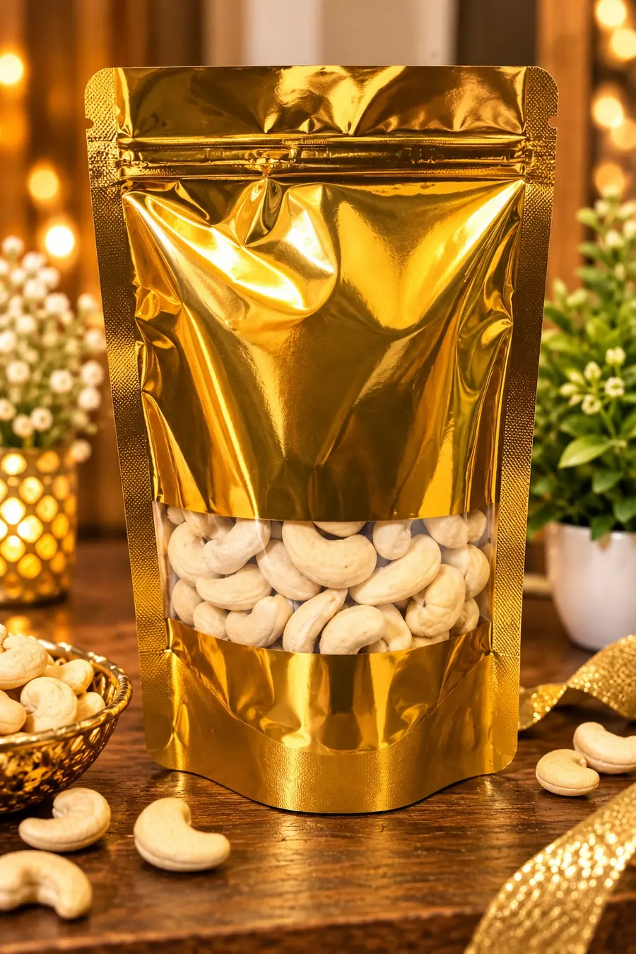 Gold stand-up pouch of whole kaju (cashews) with a clear window
