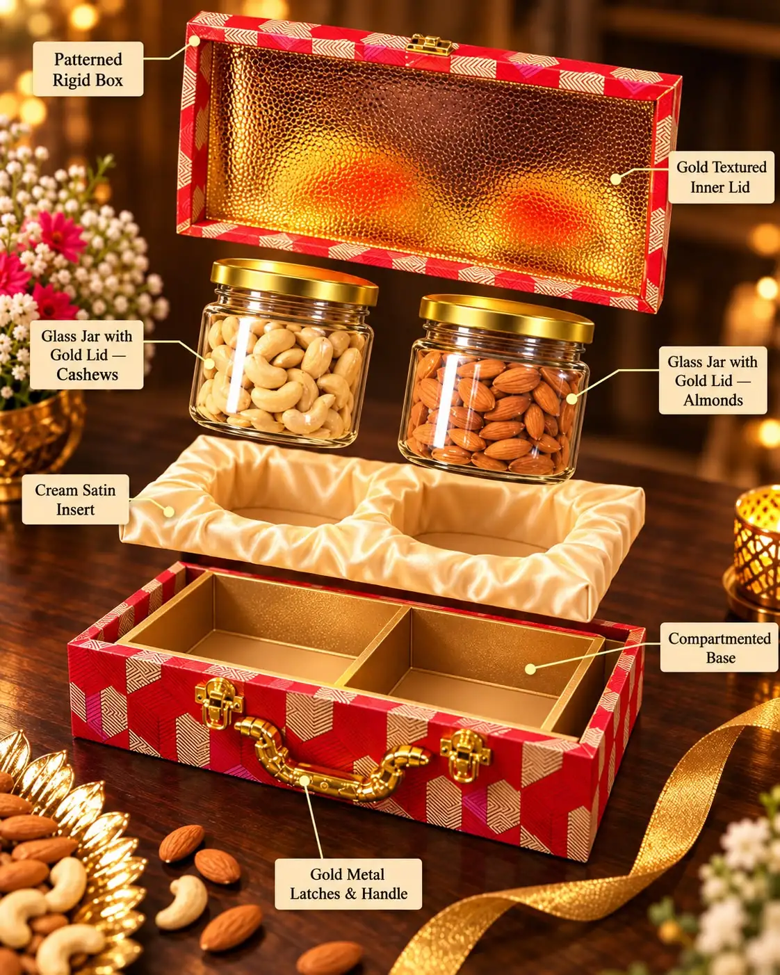 Exploded view of the keepsake gift box: patterned rigid box, gold textured inner lid, glass jars with gold lids, cream satin insert, compartmented base, gold latches and handle