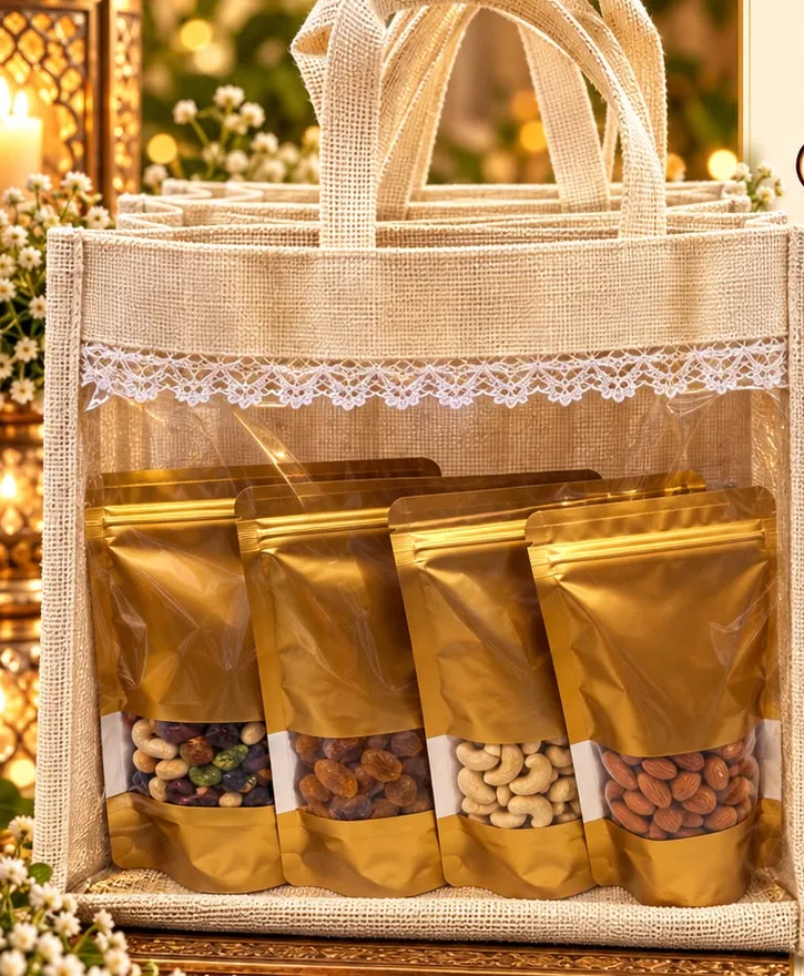 Premium Dry Fruit Hamper: four gold pouches of mix nuts, kishmish, kaju and badam in a jute bag with a lace trim