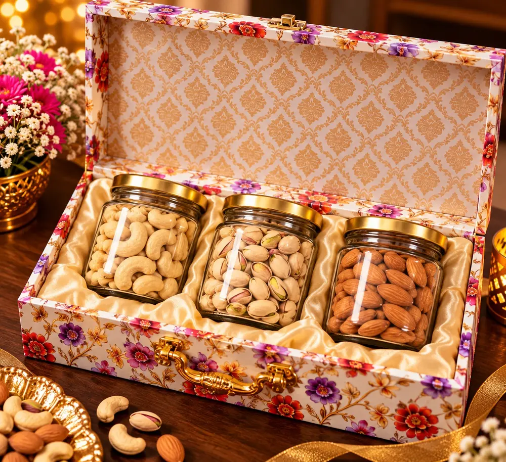 Royal Trio hamper: glass jars of kaju, pista and badam with gold lids in a satin-lined floral keepsake box