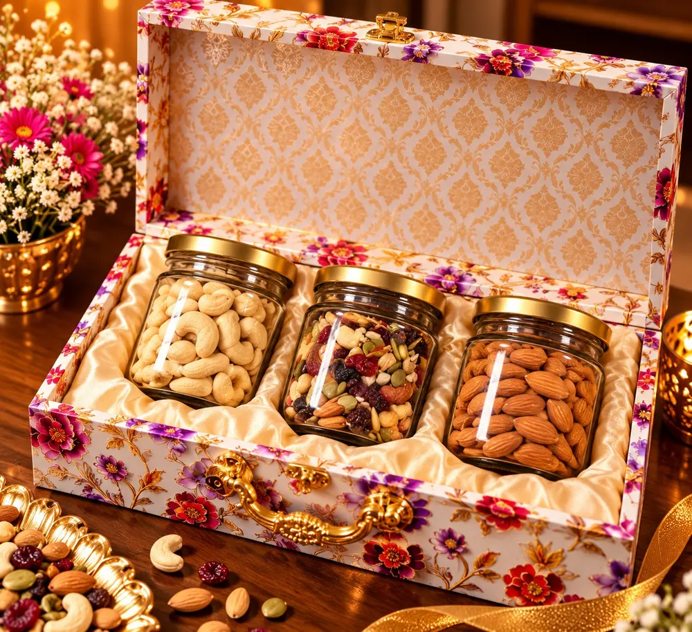 Shagun Classic hamper: glass jars of kaju, dry fruit mix and badam in a satin-lined floral keepsake box