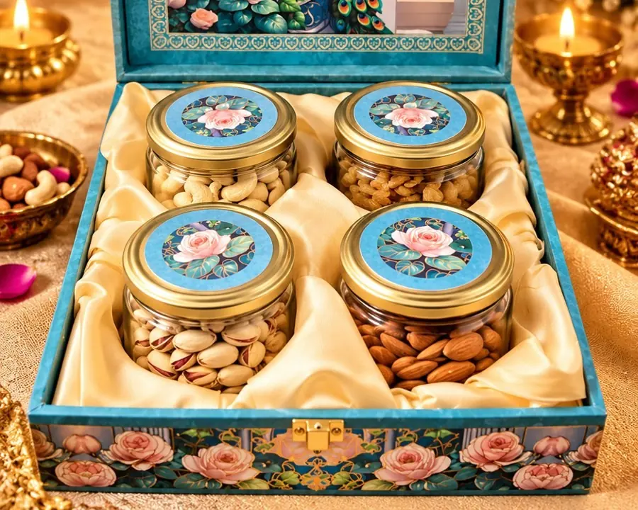 Shahi Four: four glass jars of dry fruits with rose-print lids in a satin-lined peacock keepsake box